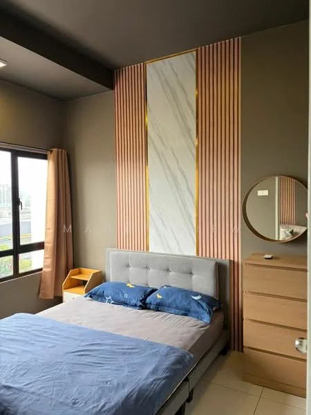 Bedroom features: queen-size bed with grey upholstered headboard, two blue pillows, wooden bedside table, round mirror on wall, light brown wooden dresser, striped accent wall with marble panel, cream painted walls, floor-to-ceiling window with sheer curtains, tile flooring; style: modern; view: city.