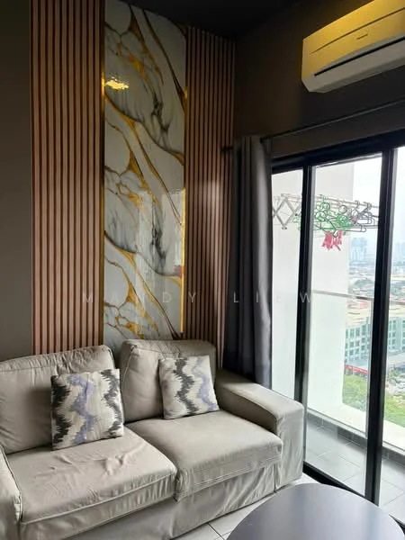 Living features: fabric sofa in light grey, decorative cushions with geometric pattern, floor-to-ceiling windows, blackout curtains, air conditioning unit mounted on wall, wood paneling with marble accent wall, round coffee table, tile flooring; style: modern; view: city.