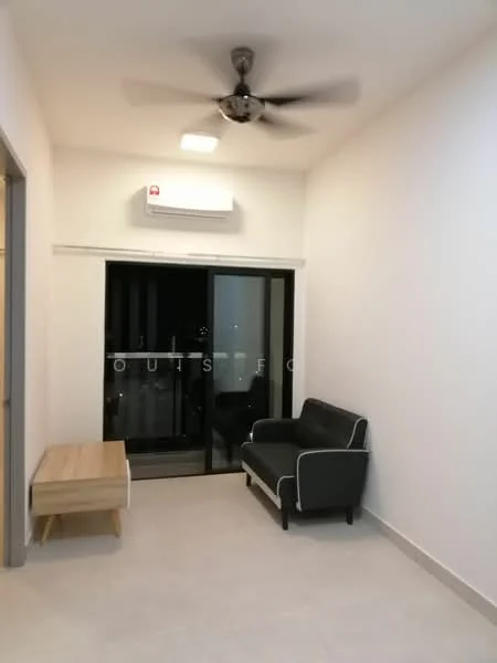 Living features: light-colored walls, tile flooring, 5-blade ceiling fan, wall-mounted split AC, sliding glass door, black fabric sofa with white trim, wooden side table, natural light from balcony; style: modern.