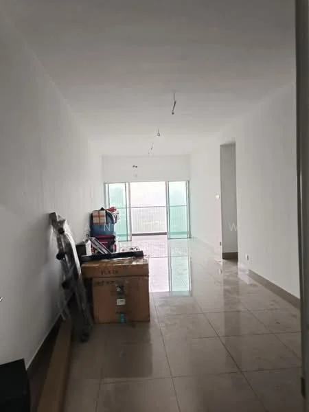Room features: white painted walls, polished marble flooring, recessed downlights, large sliding glass door, floor-to-ceiling windows, open space layout, boxes and furniture stacked against the wall; style: modern.