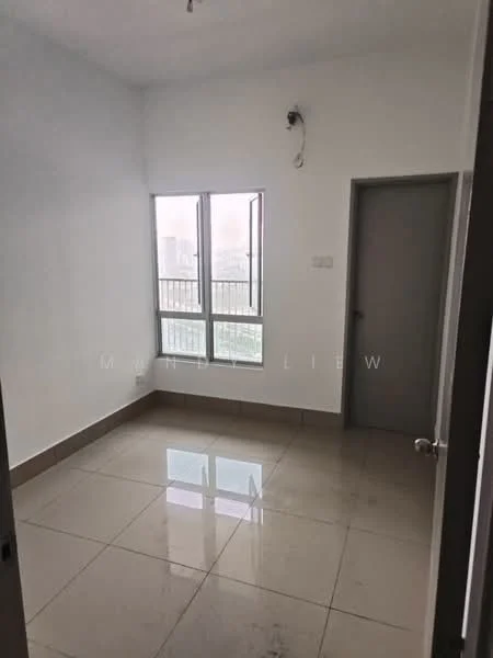 Room features: white painted walls, glossy tile flooring, floor-to-ceiling windows, window with city view, single door, ceiling light fixture, corner room, neutral color scheme; style: modern; view: city.