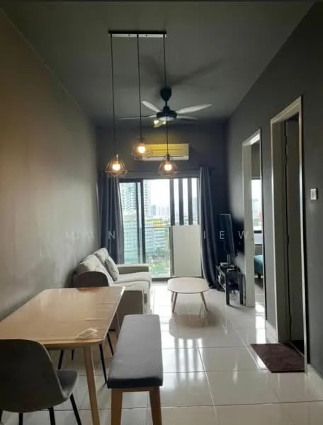 Living features: grey painted walls, white tiled flooring, 5-blade ceiling fan with light, hanging pendant lights, sofa in light fabric, wooden dining table, 4 dining chairs, coffee table, floor-to-ceiling windows, curtains, air conditioning unit; style: modern; view: city.