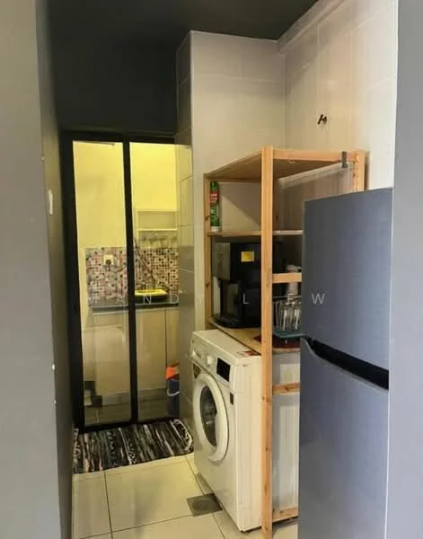 Laundry features: white front-load washing machine, stainless-steel fridge, wooden shelving unit, black countertop, tiled flooring, grey painted walls, sliding glass door, colorful tiled backsplash, area rug with geometric pattern; style: modern.