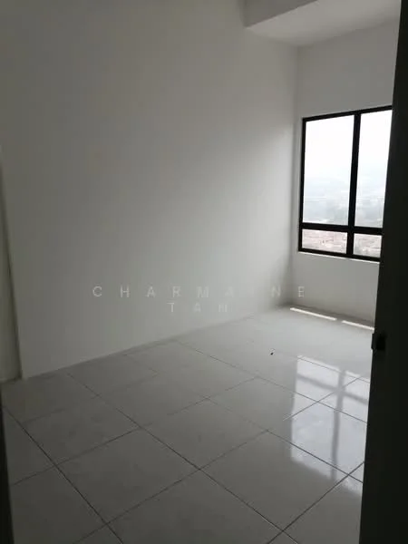 Room features: white painted walls, glossy ceramic tile flooring, floor-to-ceiling window, city view, no visible furniture, neutral color scheme; style: modern; view: city.