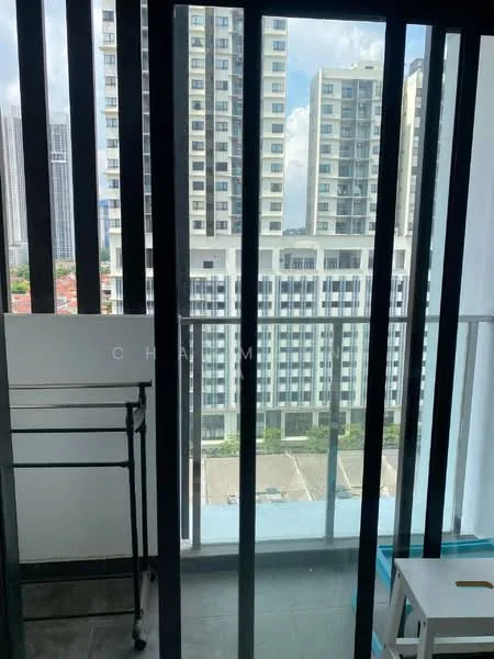 Room features: floor-to-ceiling windows, black vertical blinds, grey tiled flooring, balcony railing, city view, concrete wall, outdoor space, natural light; style: modern; view: city.