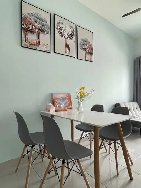 Dining features: white dining table, 4 grey dining chairs, light grey sofa, framed artwork on walls, light blue painted walls, ceramic vase with flowers, decorative picture on table, tile flooring, ceiling fan; style: modern.
