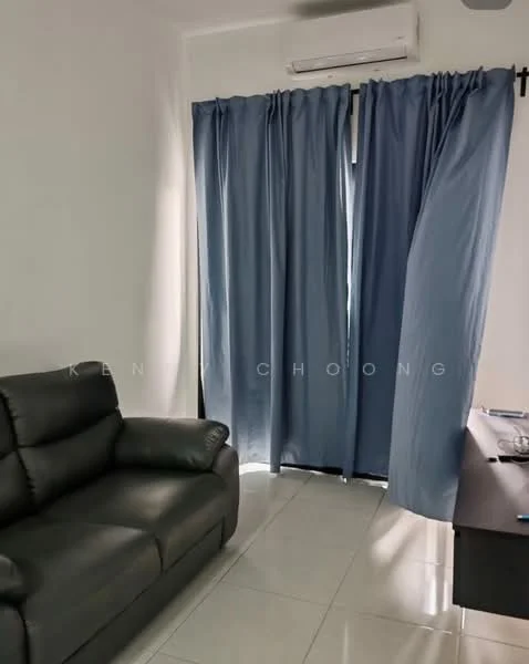 Living features: grey leather sofa, white painted walls, glossy tile flooring, blue curtains, wall-mounted split AC, TV console, natural light from window; style: modern.