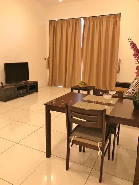 Dining features: square dining table, 4 dining chairs, cream curtains, floor-to-ceiling windows, ceramic tile flooring, wall-mounted TV, TV console, decorative plant, decorative vase with flowers, neutral wall color, recessed lighting; style: modern. Living features: sofa, coffee table, TV console, wall-mounted TV; style: modern.