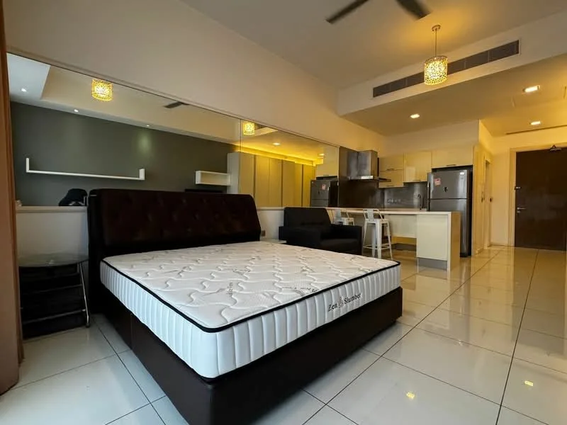 Bedroom features: king-size bed, upholstered headboard, white mattress, black bedside table, floor-to-ceiling windows, white walls, recessed downlights, polished tile flooring, ceiling fan, black sofa, kitchenette area with cabinets, stainless-steel fridge, stainless-steel oven; style: modern.