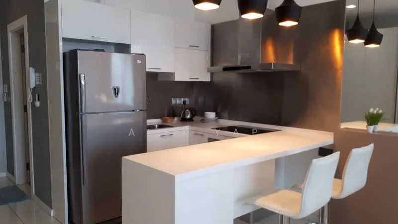 Kitchen features: stainless-steel fridge, white cabinetry, grey backsplash, white countertop, stainless-steel range hood, built-in oven, 4-burner gas hob, pendant lighting, kitchen island with seating, ceramic tile flooring, kettle, toaster, dishwasher; style: modern.