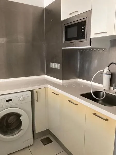 Kitchen features: white cabinetry with flat-panel doors, stainless-steel countertop, built-in microwave, washing machine, single-bowl stainless-steel sink, chrome pull-down faucet, grey tiled backsplash, recessed lighting, ceramic tile flooring; style: modern.
