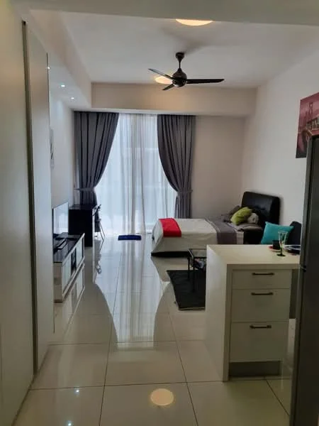 Living features: white painted walls, glossy tile flooring, 5-blade ceiling fan with light, floor-to-ceiling windows, sheer curtains, sofa with cushions, coffee table, TV console, wall-mounted TV, decorative artwork, bed with upholstered headboard, bedside lamp, throw pillows, area rug; style: modern; view: city.