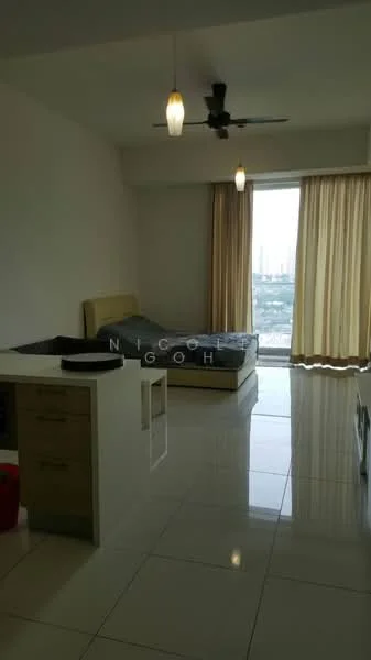 Room features: white painted walls, glossy tile flooring, floor-to-ceiling windows, sheer curtains, 5-blade ceiling fan with light, queen-size bed, bedside table, built-in wardrobe, open shelving, natural light from window, view of city skyline; style: modern; view: city.