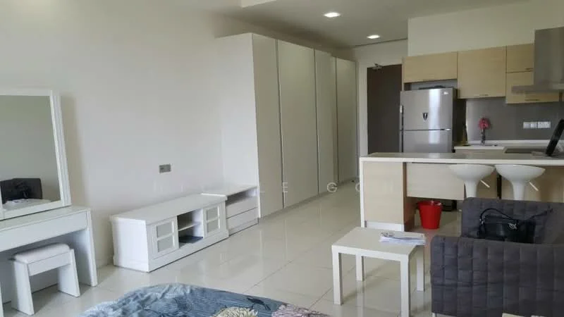 Living features: white walls, glossy tile flooring, recessed downlights, built-in wardrobe with sliding doors, stainless-steel fridge, built-in kitchen cabinets, countertop with bar stools, sofa in grey fabric, coffee table, vanity table with mirror, small ottoman, decorative wall art; style: modern.