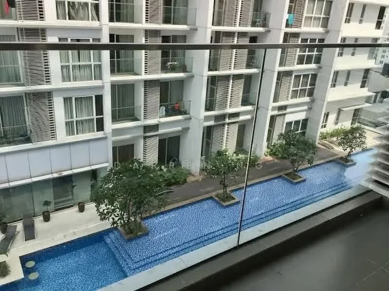 Room features: glass balcony railing, floor-to-ceiling windows, view of swimming pool, blue mosaic tile pool, landscaped garden with trees, concrete pathway, residential building facade, balcony flooring; style: modern; view: pool.