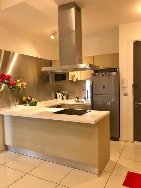 Kitchen features: stainless-steel range hood, white quartz countertop, wood cabinetry, built-in microwave, stainless-steel fridge, ceramic tile flooring, stainless-steel sink, chrome pull-down faucet, wall-mounted cabinets, decorative flower arrangement; style: modern.