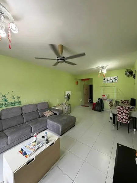 Living features: 3-seater fabric sofa in grey, L-shape sectional sofa, coffee table, TV console, wall-mounted TV, area rug, ceiling fan, recessed downlights, white painted walls, tile flooring, decorative wall art, open shelving unit, dining table with patterned chairs; style: modern.