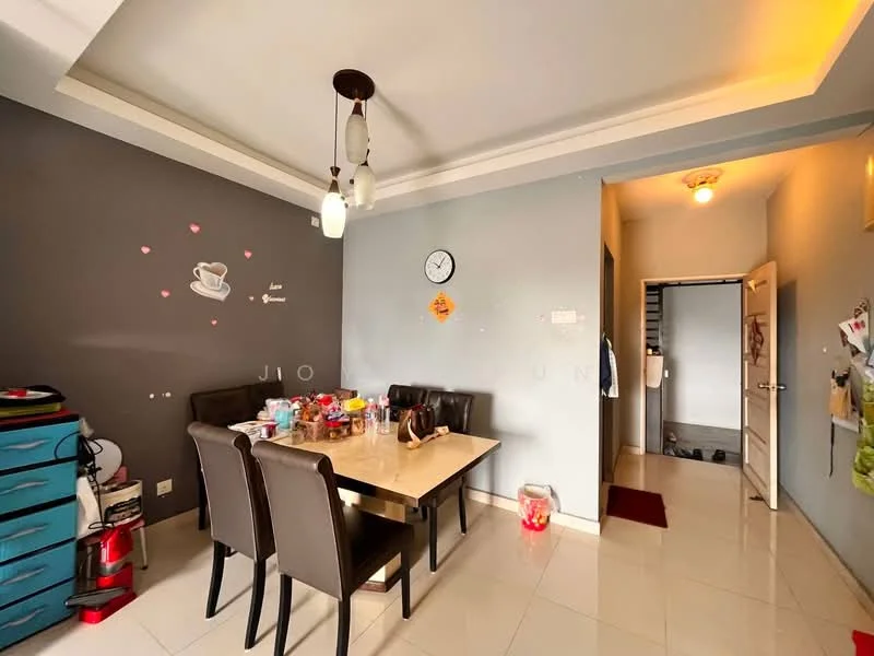 Dining features: dining table with four chairs, grey accent wall, white painted walls, tile flooring, ceiling light fixture, wall clock, decorative wall decals, open doorway to hallway; style: modern. Room features: open doorway, light fixture, wall-mounted hooks.
