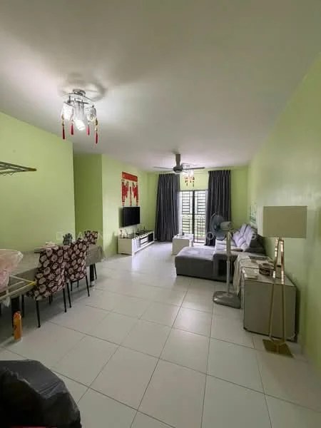Living features: light green painted walls, white tiled flooring, 5-blade ceiling fan with light, recessed ceiling lights, sofa in grey fabric, coffee table, TV console, wall-mounted TV, area rug, dining table with floral upholstered chairs, floor lamp, window with grey curtains; style: modern.