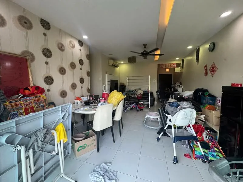 Living features: cream painted walls with floral pattern, white tiled flooring, 5-blade ceiling fan, recessed downlights, dining table with four chairs, baby high chair, clothes drying rack, various storage boxes, miscellaneous items scattered, open layout, wall-mounted air conditioning unit.