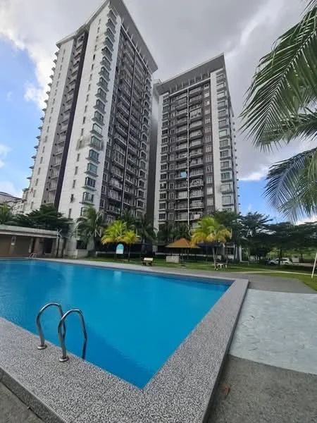 Exterior type: high-rise condominium; features: swimming pool with steps, landscaped garden area, tall palm trees, multiple storeys, balconies on each floor, glass railing on balconies, pool deck with loungers, outdoor seating area, manicured lawn, modern architectural design; style: modern.