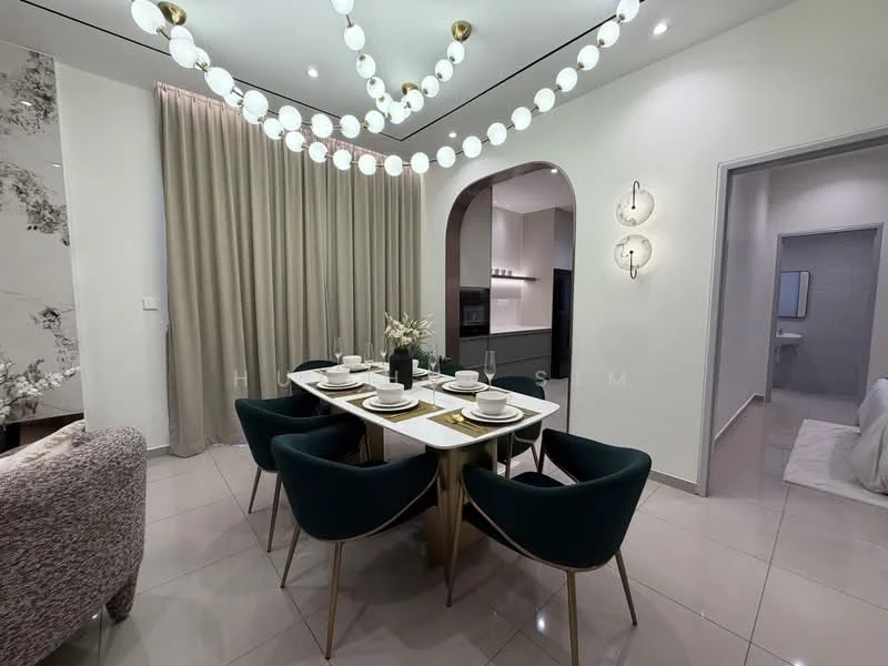 Dining features: 6-seater dining table with marble top, upholstered dining chairs in dark green, chandelier with round bulbs, recessed downlights, cream curtains, grey accent wall with floral pattern, polished tile flooring, arched entryway, decorative wall sconces; style: modern. Room features: doorway leading to another room, neutral wall colour, tile flooring.