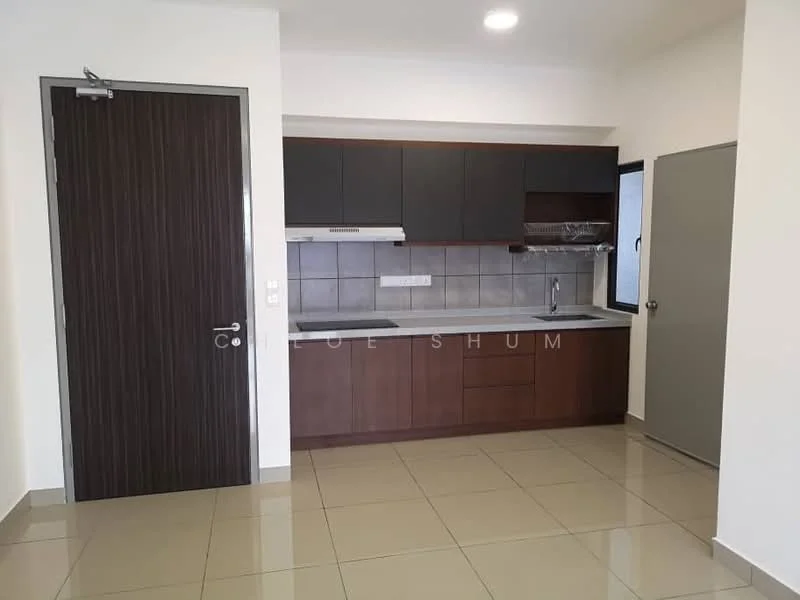 Kitchen features: brown cabinetry, grey countertop, stainless-steel sink, chrome pull-down faucet, built-in stove with hood, tile backsplash, grey tiled flooring, single window, wall-mounted cabinets, under-cabinet lighting; style: modern.