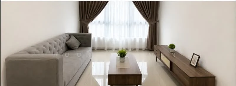 Living features: 3-seater fabric sofa in grey, wooden coffee table, TV console in wood, floor-to-ceiling windows, sheer curtains, brown blackout curtains, glossy tile flooring, decorative plant on coffee table; style: modern.