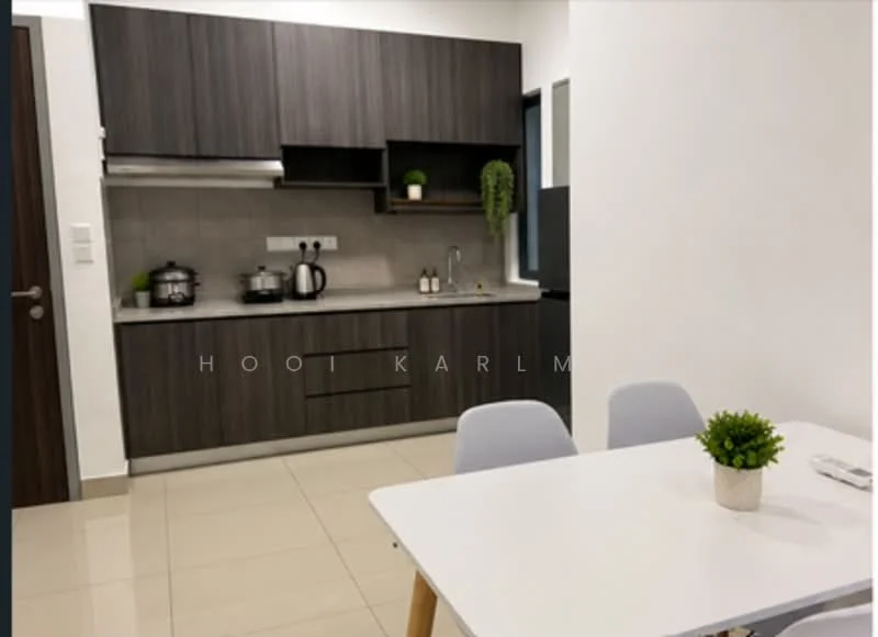 Kitchen features: dark wood cabinetry, stainless-steel sink, chrome pull-down faucet, grey countertop, built-in stove, microwave, kettle, decorative plant on shelf, white wall tiles, cream floor tiles, dining table with white surface, grey dining chairs; style: modern.