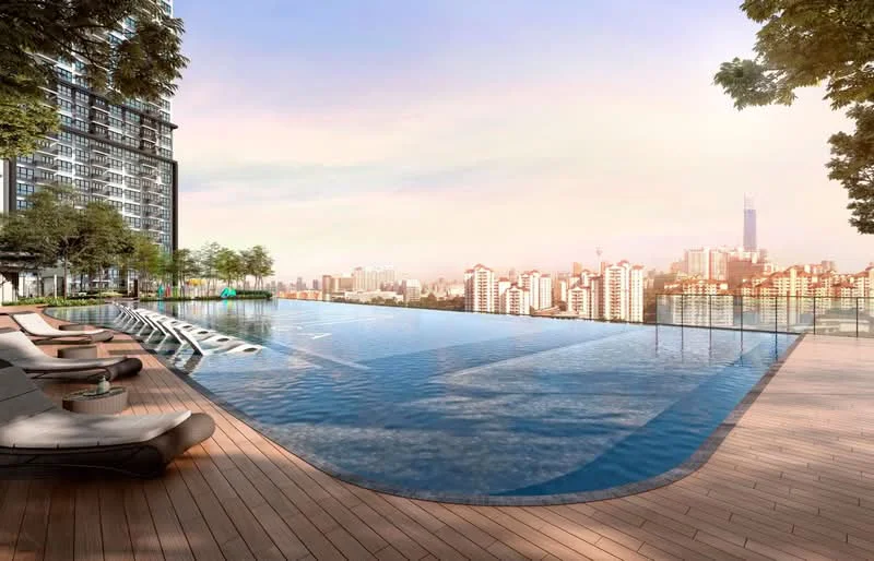Exterior type: high-rise condominium; features: infinity pool, pool deck with loungers, landscaped greenery, city skyline view, wooden decking, glass railing; style: modern.