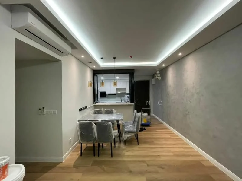 Dining features: dining table with 6 chairs, pendant lighting above table, wooden flooring, grey accent wall, recessed LED lighting, air conditioning unit, open layout to kitchen, wall-mounted cabinets in kitchen, kitchen island visible; style: modern.