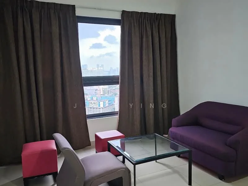 Living features: purple fabric sofa, glass coffee table, two pink ottomans, floor-to-ceiling window, brown curtains, white painted walls, tile flooring; style: modern; view: city.