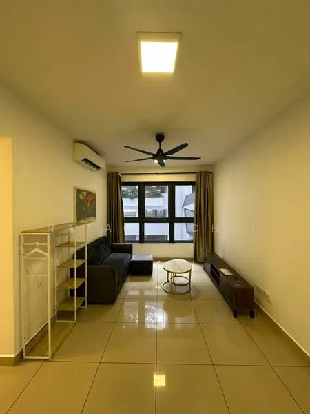 Living features: grey fabric sectional sofa, coffee table, TV console, wall-mounted TV, floor-to-ceiling windows, sheer curtains, 5-blade ceiling fan with light, air conditioning unit, cream painted walls, glossy tile flooring; style: modern.