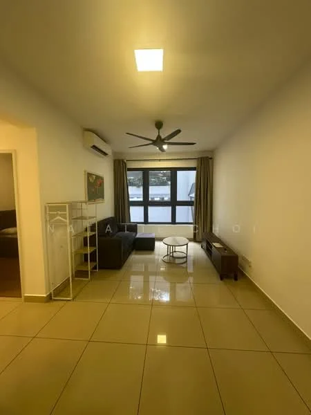Living features: cream painted walls, glossy tile flooring, 5-blade ceiling fan with light, floor-to-ceiling windows, curtains, sofa in grey, coffee table, TV console, decorative shelving unit; style: modern.