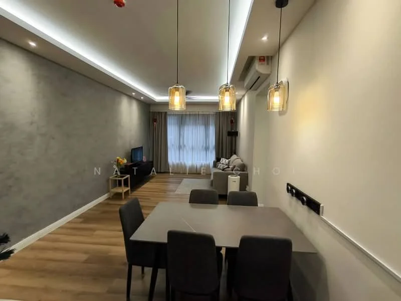 Dining features: 6-seater dining table, upholstered dining chairs, pendant lighting, recessed downlights, wooden flooring, grey accent wall, floor-to-ceiling windows with sheer curtains, air conditioning unit; style: modern. Living features: sofa, TV console, wall-mounted TV, decorative plants, area rug; style: modern.
