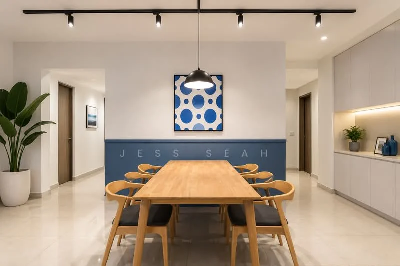 Dining features: wooden dining table, 6-upholstered dining chairs, pendant lamp, recessed LED downlights, blue accent wall with text, light grey cabinetry, large indoor plant in white pot, cream tiled flooring, wall art with blue and white pattern; style: modern.