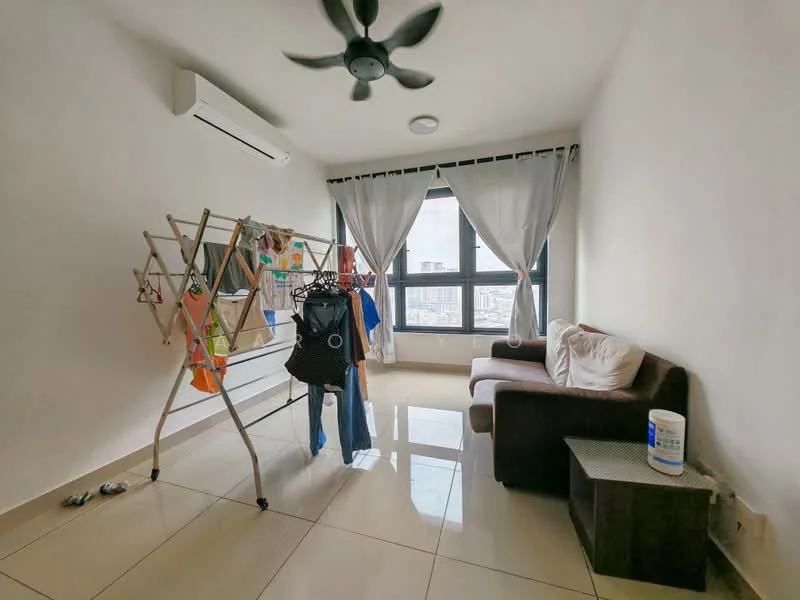 Living features: white painted walls, glossy ceramic tile flooring, 5-blade ceiling fan, floor-to-ceiling windows, sheer curtains, sofa in brown fabric, clothes drying rack, air conditioning unit, decorative side table; style: modern; view: city.