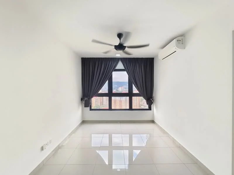 Room features: white painted walls, glossy ceramic tile flooring, 5-blade ceiling fan with light, floor-to-ceiling windows, blackout curtains, wall-mounted split AC, city view; style: modern; view: city.