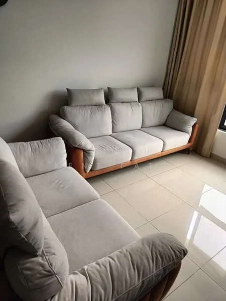 Living features: 2-seater fabric sofa in light grey, 3-seater fabric sofa in light grey, wooden frame for sofas, floor-to-ceiling windows, curtains in beige, glossy ceramic tile flooring, neutral painted walls, decorative cushions on sofas; style: modern.