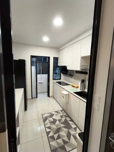 Kitchen features: white cabinetry, black countertop, stainless-steel sink, chrome pull-down faucet, built-in oven, freestanding refrigerator, ceramic tile flooring, recessed LED downlights, area rug with geometric pattern, wall-mounted kitchen hood, open shelving, black appliances; style: modern.