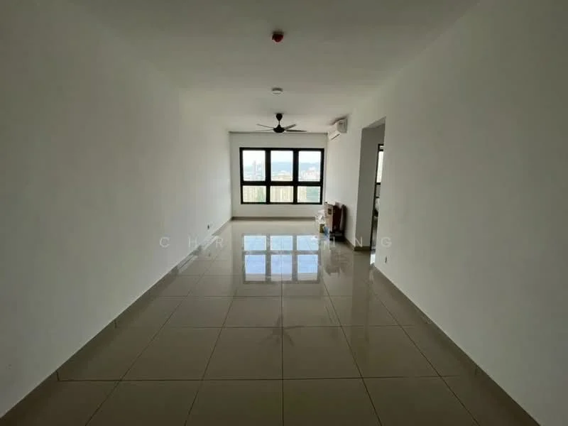Living features: white painted walls, glossy ceramic tile flooring, 5-blade ceiling fan, floor-to-ceiling windows, air conditioning unit, neutral decor, open layout, natural light; style: modern; view: city.