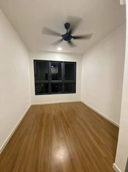 Room features: wooden flooring, white painted walls, 5-blade ceiling fan, floor-to-ceiling windows, black window frames, recessed downlights; style: modern.
