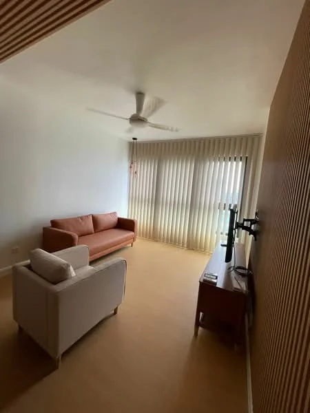 Living features: 3-seater fabric sofa in orange, 2-seater fabric sofa in white, wooden TV console, wall-mounted TV, ceiling fan, vertical blinds, light-colored flooring, neutral painted walls; style: modern.