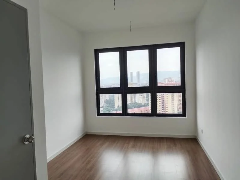 Room features: white painted walls, laminate flooring, floor-to-ceiling windows, black window frames, city view, one door, no visible ceiling fixture; style: modern; view: city.