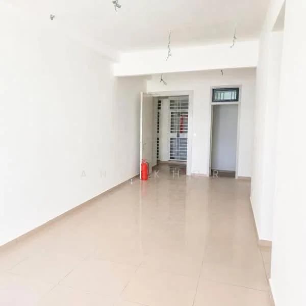 Room features: white painted walls, cream tiled flooring, recessed ceiling lights, open layout, doorway leading to another room, doorway leading to hallway, fire extinguisher visible; style: modern.