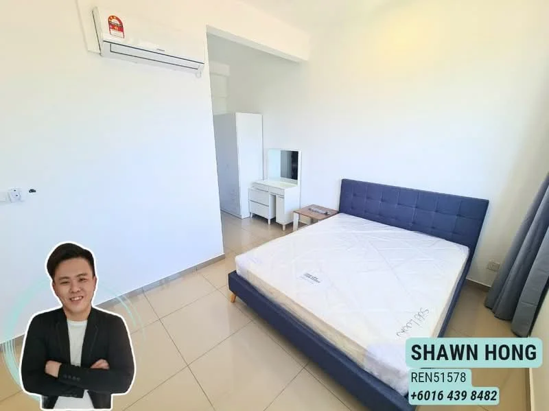 Bedroom features: queen-size bed, upholstered headboard, white walls, tile flooring, wall-mounted split AC, built-in wardrobe, study desk, mirror on desk, natural light from window; style: modern.