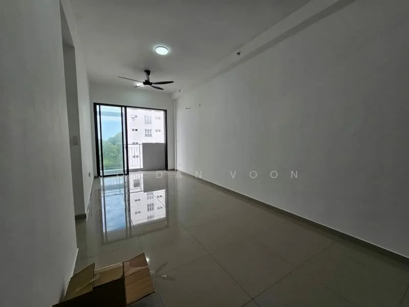 Room features: white painted walls, polished ceramic tile flooring, 5-blade ceiling fan with light, floor-to-ceiling windows, sliding glass door, natural light from window, view of greenery outside, no visible furniture; style: modern; view: garden.