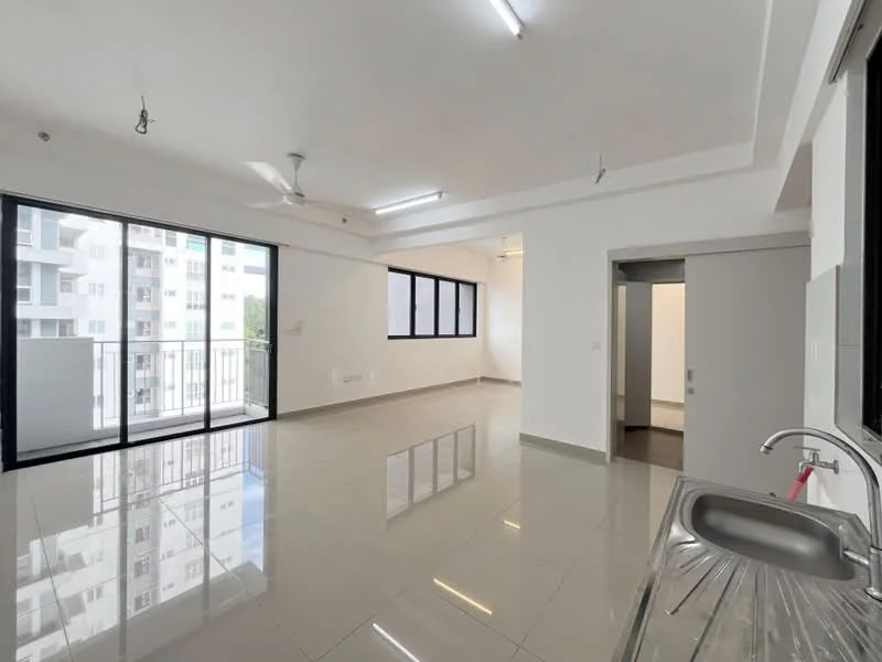 Living features: white painted walls, polished ceramic tile flooring, 5-blade ceiling fan with light, floor-to-ceiling windows, sliding glass door, natural light from windows, open layout, recessed downlights; style: modern; view: city. Kitchen features: stainless-steel sink, single-bowl stainless-steel sink, kitchen cabinetry, countertop, built-in appliances; style: modern. Room features: doorway to other rooms, neutral color scheme.