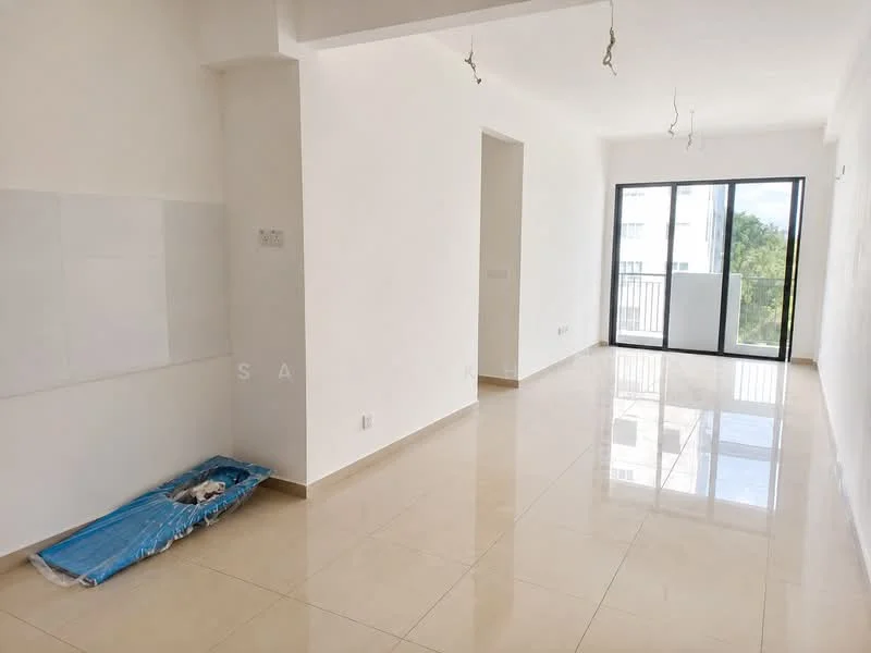 Room features: white painted walls, glossy beige tile flooring, large floor-to-ceiling windows, sliding glass door, natural light, minimalist ceiling with exposed light fixtures, open layout, balcony access; style: modern; view: garden.