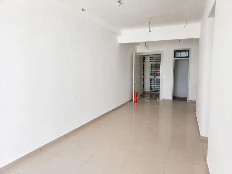 Room features: white painted walls, glossy beige tile flooring, recessed ceiling lights, open layout, doorway leading to another room, fire extinguisher visible, large window, neutral color scheme; style: modern.